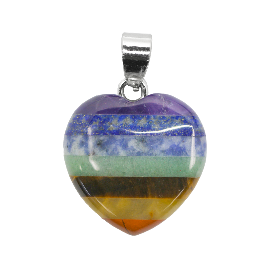 7 Chakra Heart Pendant, Semi-Precious Stone, 33mm x 30mm x 14mm, 1 pc