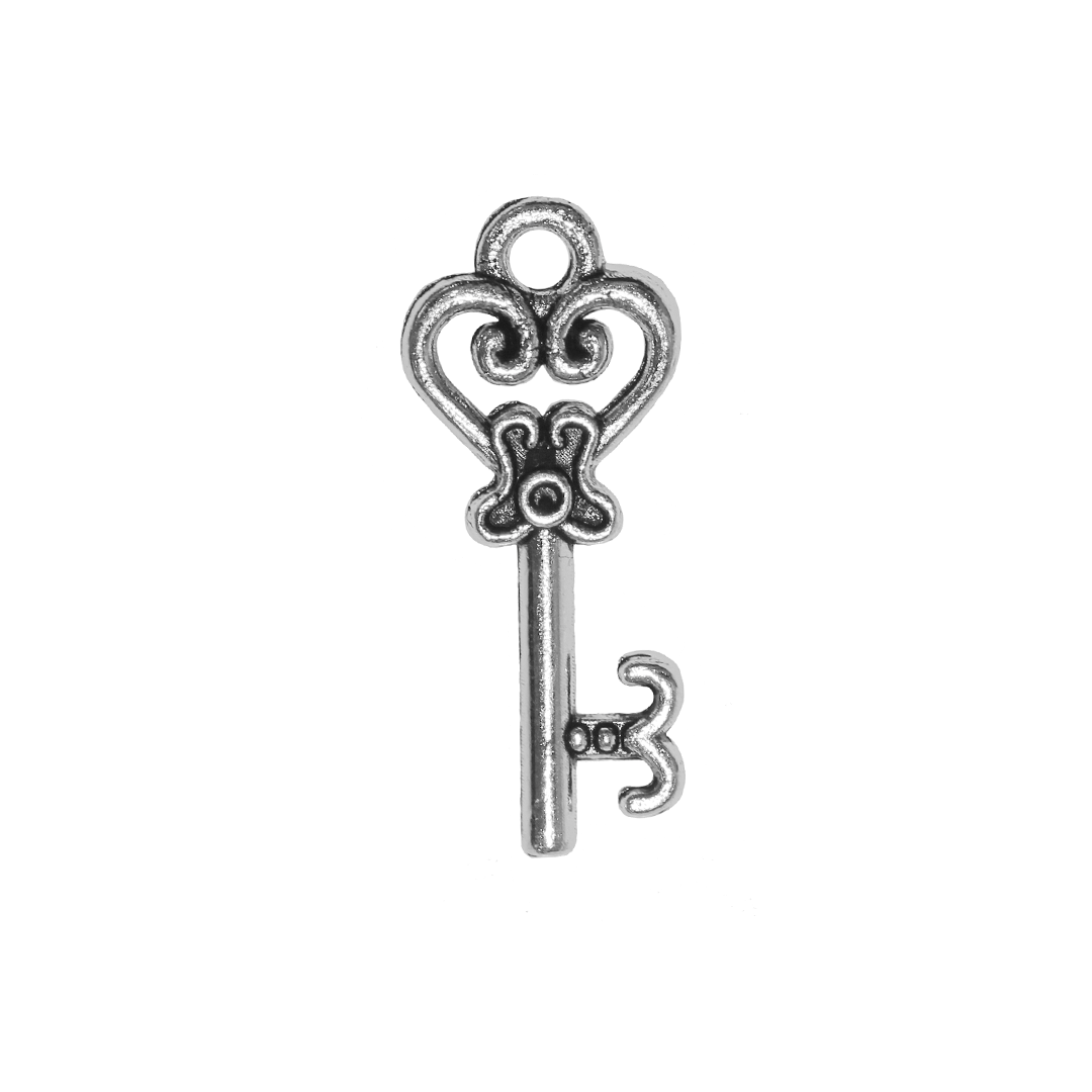 Charms, Fancy Key, Silver, Alloy, 20.5mm x 9mm x 2mm, Sold Per pkg 16