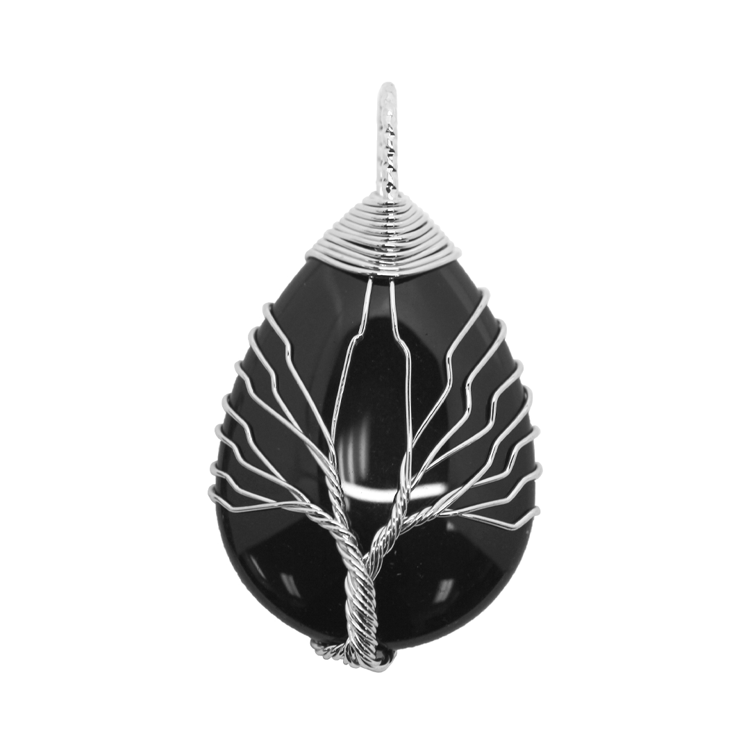 Gemstone Pendant, Wire Wrapped Stone, Silver, Alloy, 43.5mm x 25mm x 11.5mm, Available in Multiple Gemstones, 1 pc