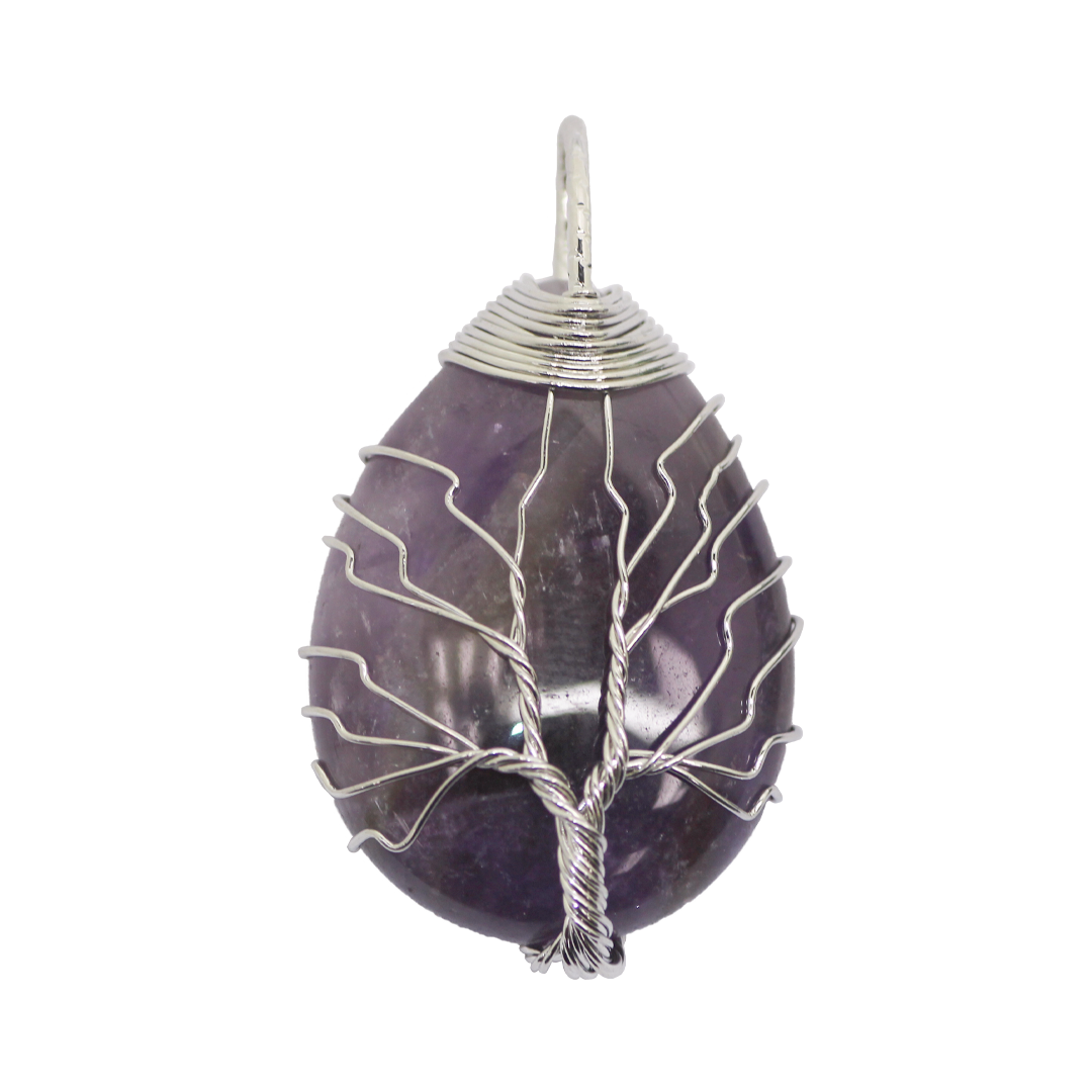 Gemstone Pendant, Wire Wrapped Stone, Silver, Alloy, 43.5mm x 25mm x 11.5mm, Available in Multiple Gemstones, 1 pc