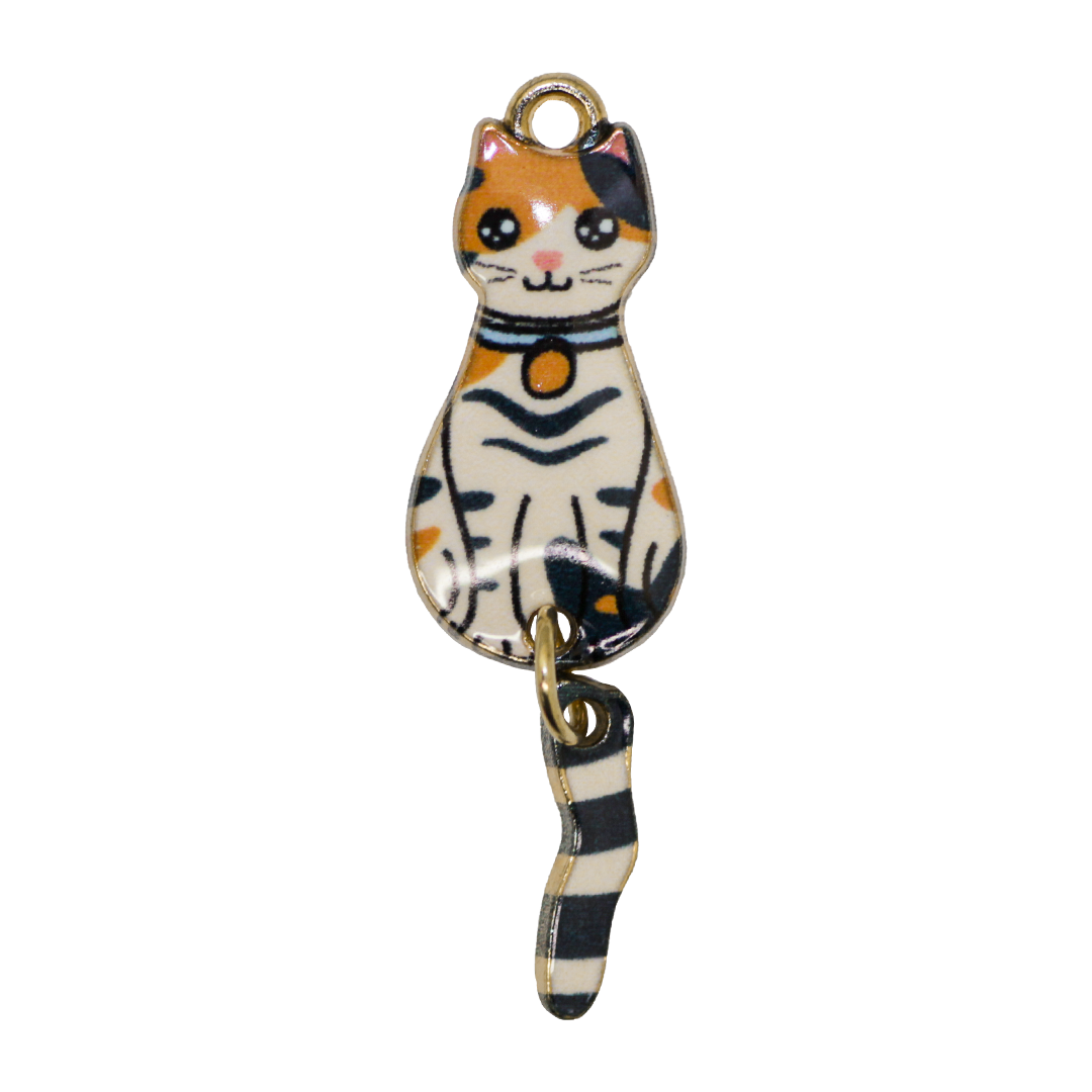 Charms, Cat with Dangle Tail, Enameled, Gold, Alloy, 34mm x 10mm x 2mm, Sold Per pkg of 4