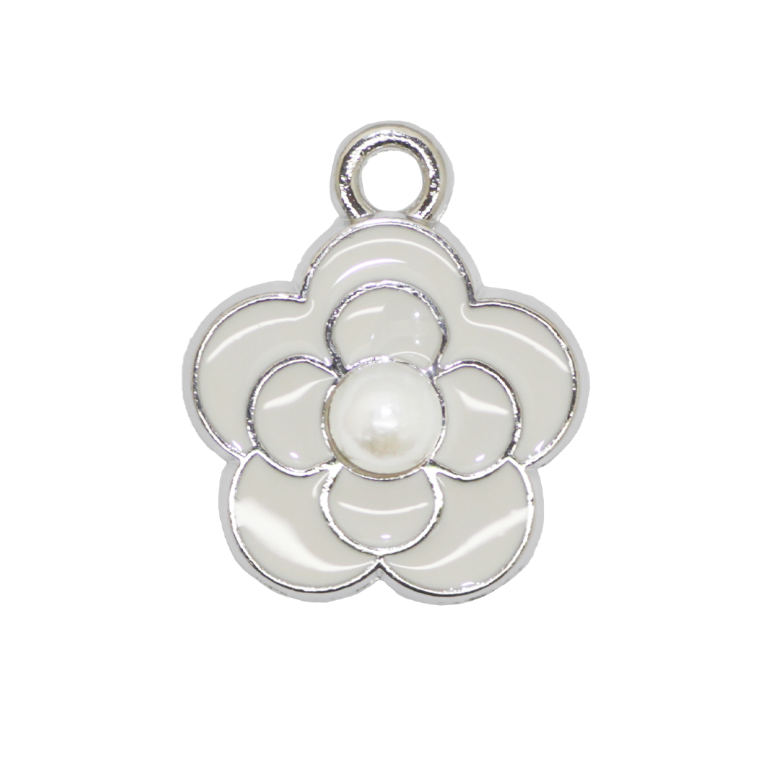 Charms, Flower with a Pearl, Enameled, White, Alloy, 16.5mm x 14mm x 2mm, Sold Per pkg of 10
