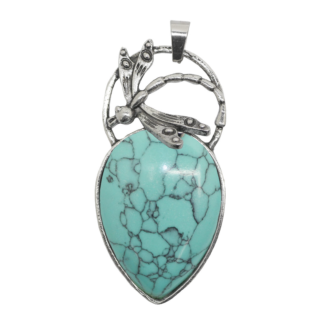 Gemstone Pendant, Dragonfly Teardrop Stone, Silver, Alloy, 53mm x 26mm x 7.5mm, Available in Multiple Gemstones, 1 pc
