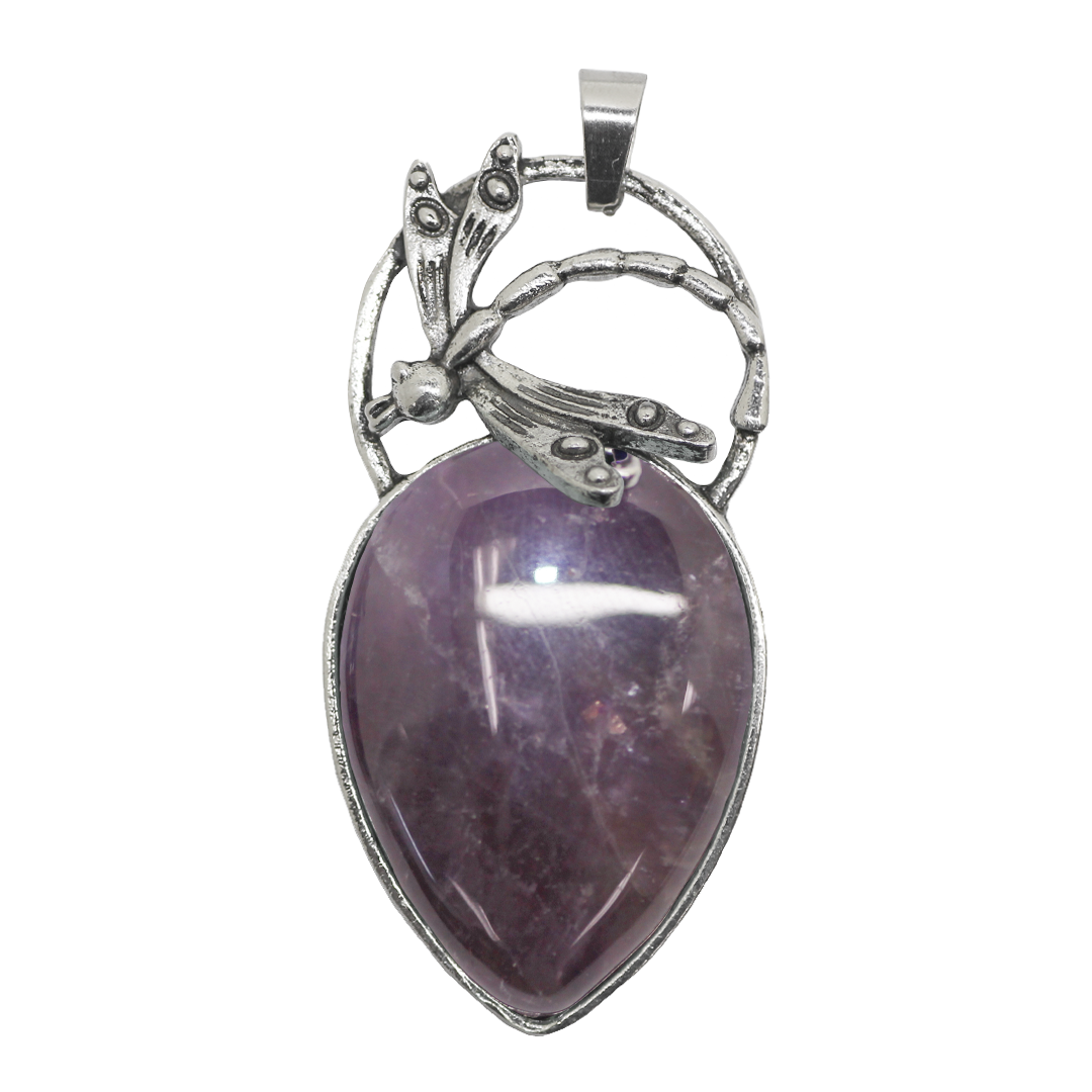 Gemstone Pendant, Dragonfly Teardrop Stone, Silver, Alloy, 53mm x 26mm x 7.5mm, Available in Multiple Gemstones, 1 pc