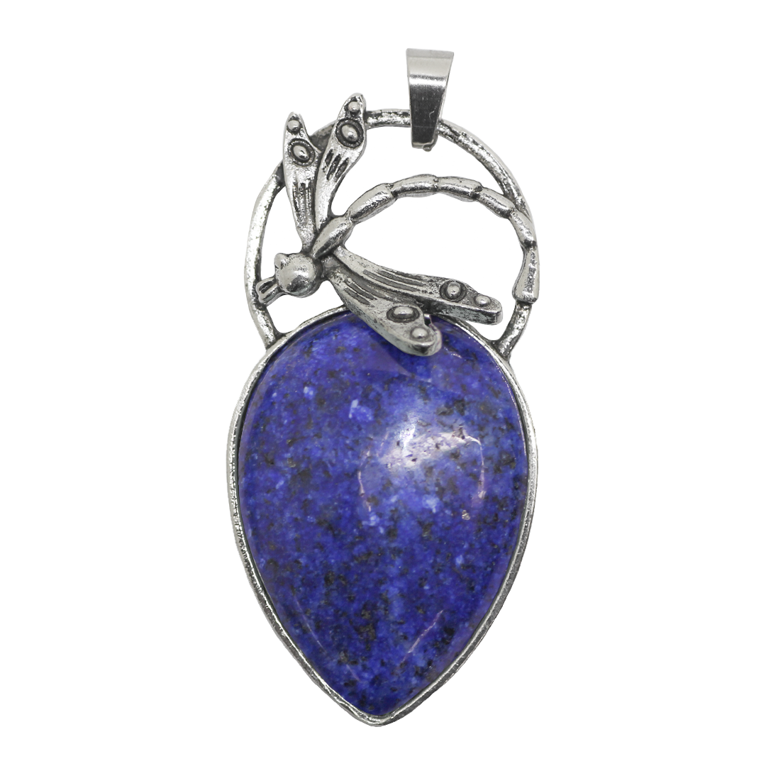 Gemstone Pendant, Dragonfly Teardrop Stone, Silver, Alloy, 53mm x 26mm x 7.5mm, Available in Multiple Gemstones, 1 pc