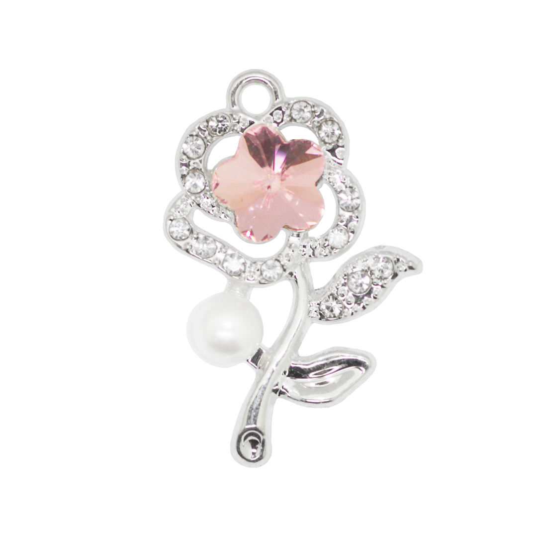 Charm, Rhinestone Glass Crystal Flower, Pink, Silver, Alloy, 27mm x 17mm x 5.5mm, Sold Per pkg of 4