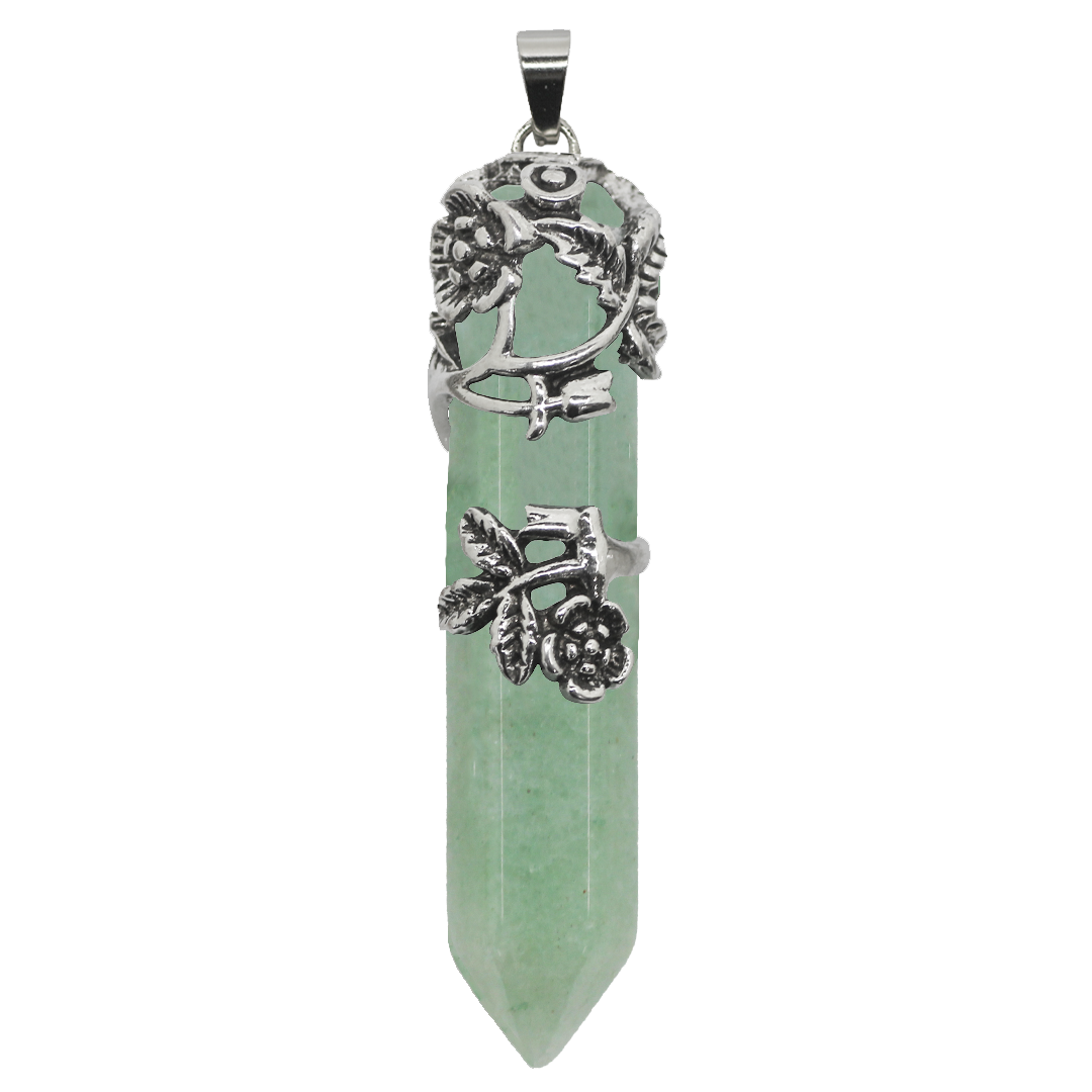 Gemstone Pendant, Flower Wrapped Stone Hexagon, Antique Silver, Alloy, 62mm x 14mm, Available in Multiple Gemstones, 1 pc