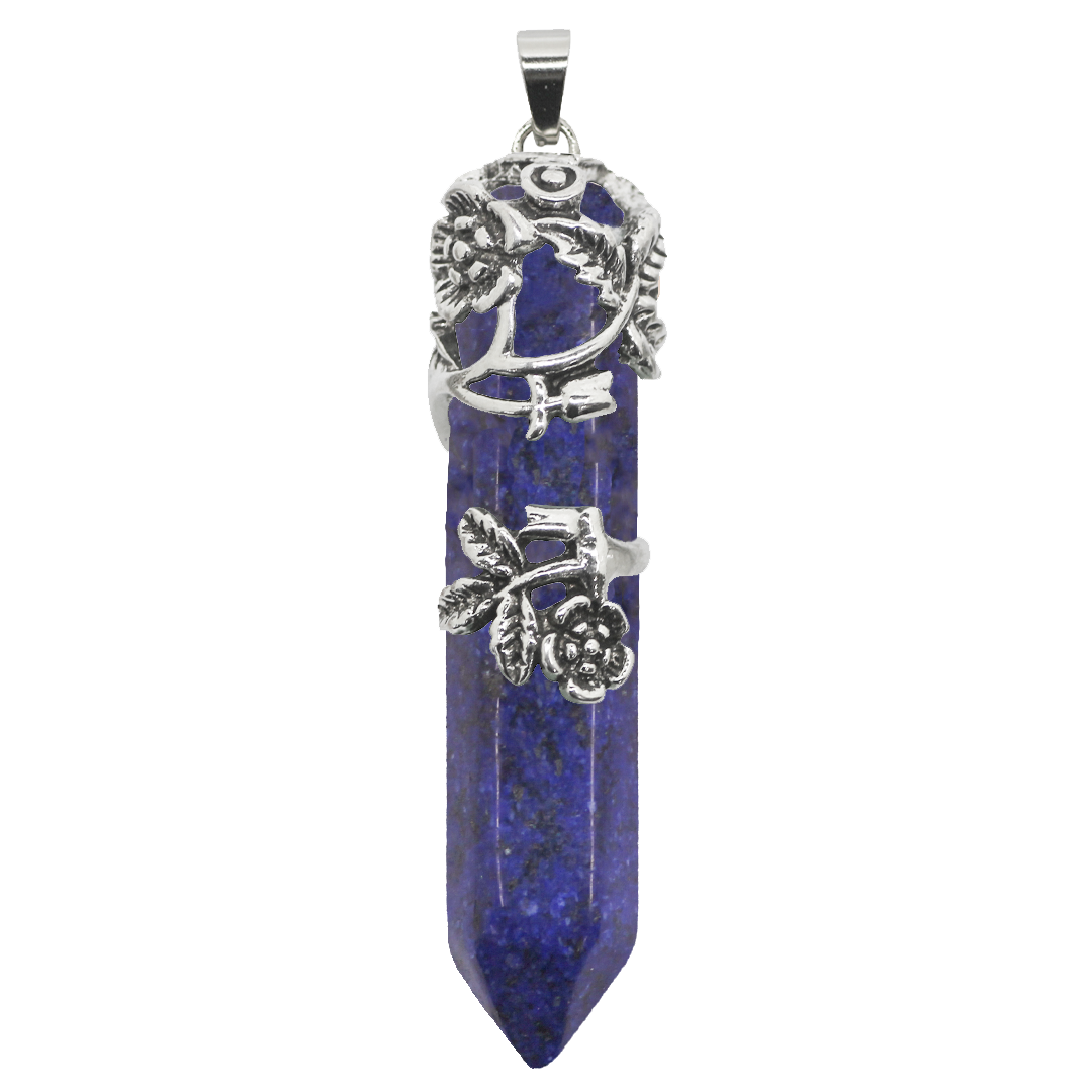 Gemstone Pendant, Flower Wrapped Stone Hexagon, Antique Silver, Alloy, 62mm x 14mm, Available in Multiple Gemstones, 1 pc