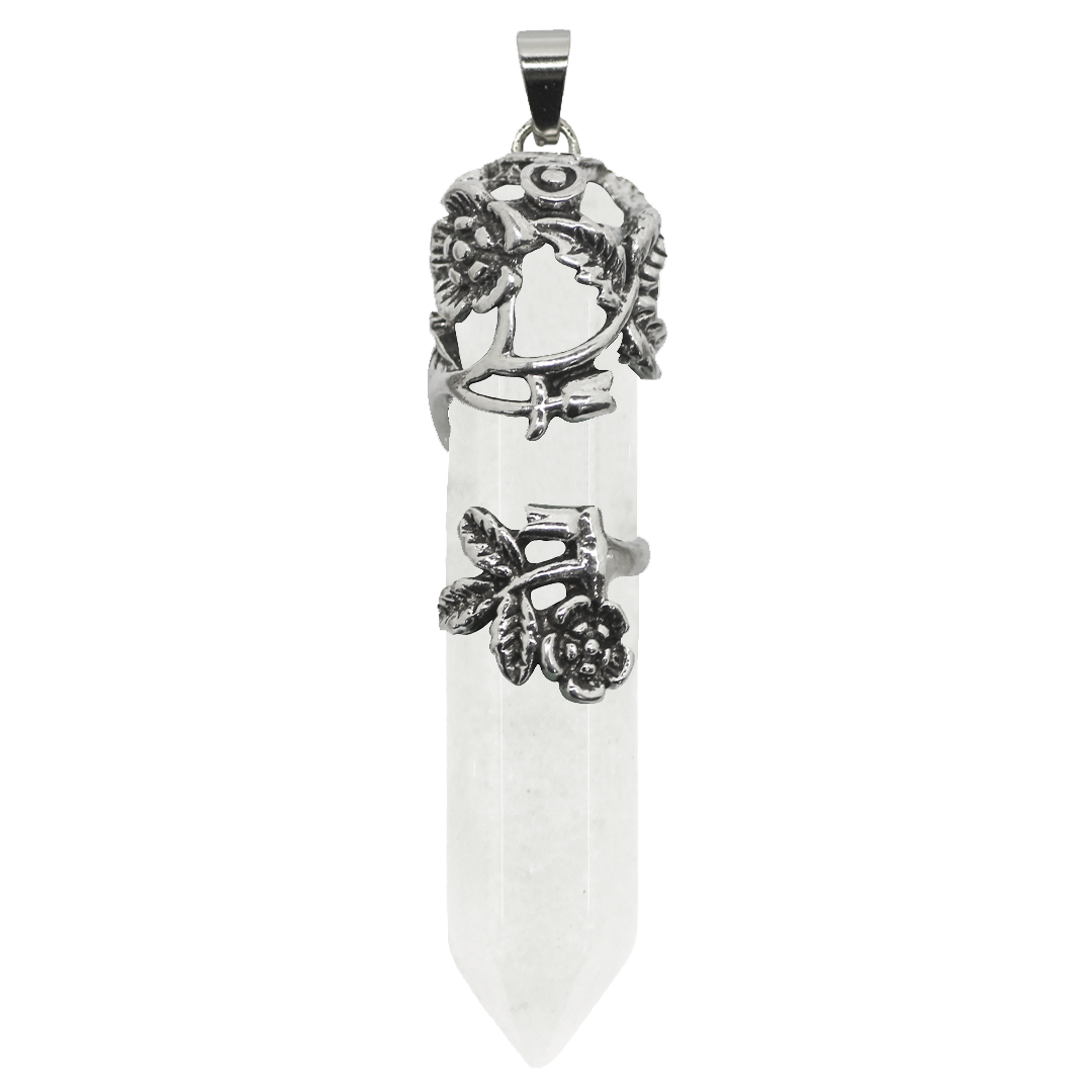 Gemstone Pendant, Flower Wrapped Stone Hexagon, Antique Silver, Alloy, 62mm x 14mm, Available in Multiple Gemstones, 1 pc