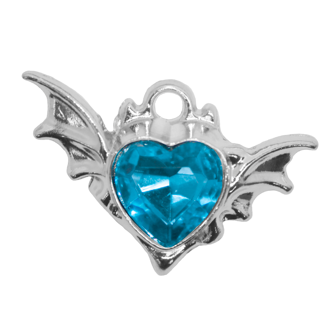 Charm, Bat Wing Glass Crystal Heart, Aqua Blue, Silver, Alloy, 15mm x 23mm x 7.5mm, Sold Per pkg of 4