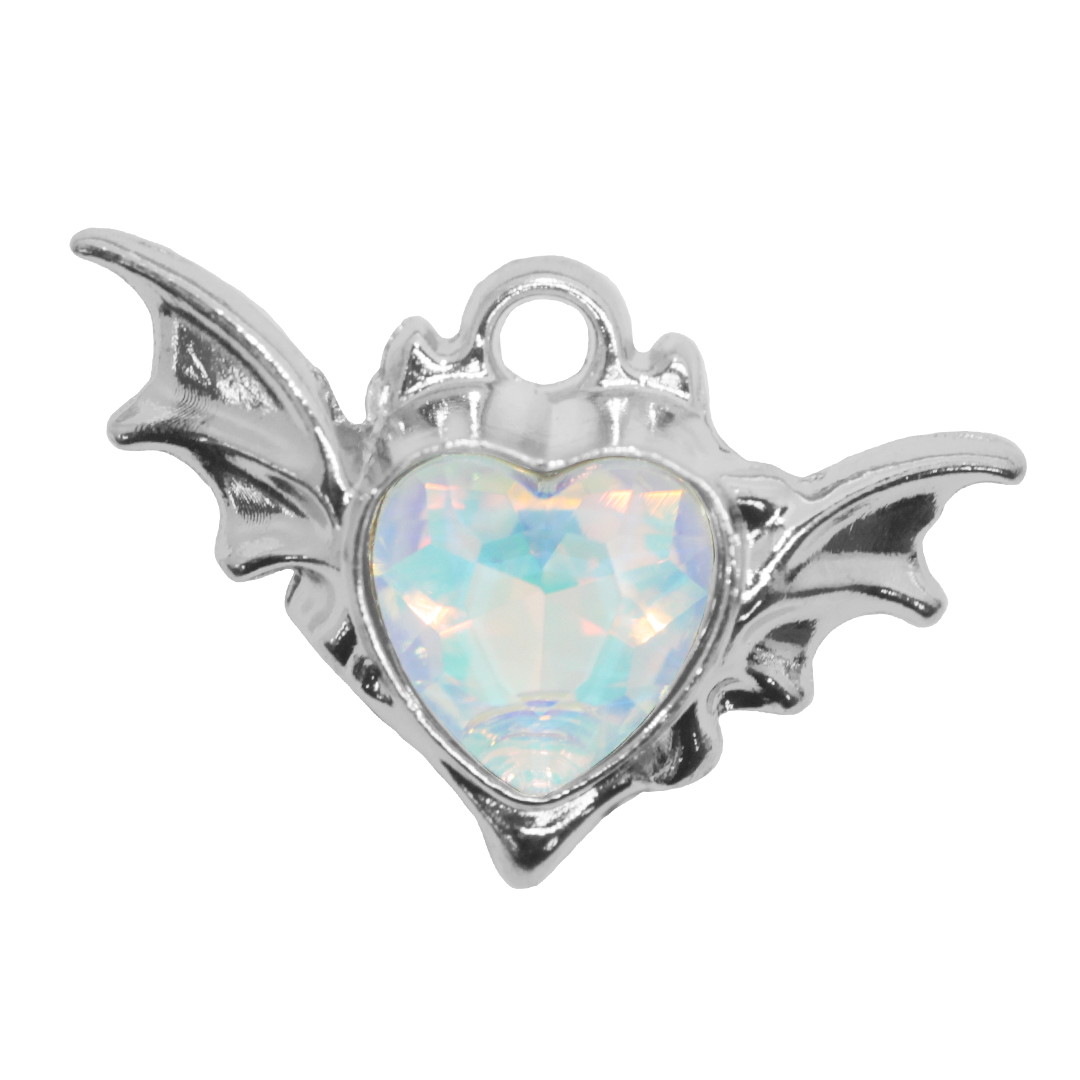 Charm, Bat Wing Glass Crystal Heart, Iridescent, Silver, Alloy, 15mm x 23mm x 7.5mm, Sold Per pkg of 8