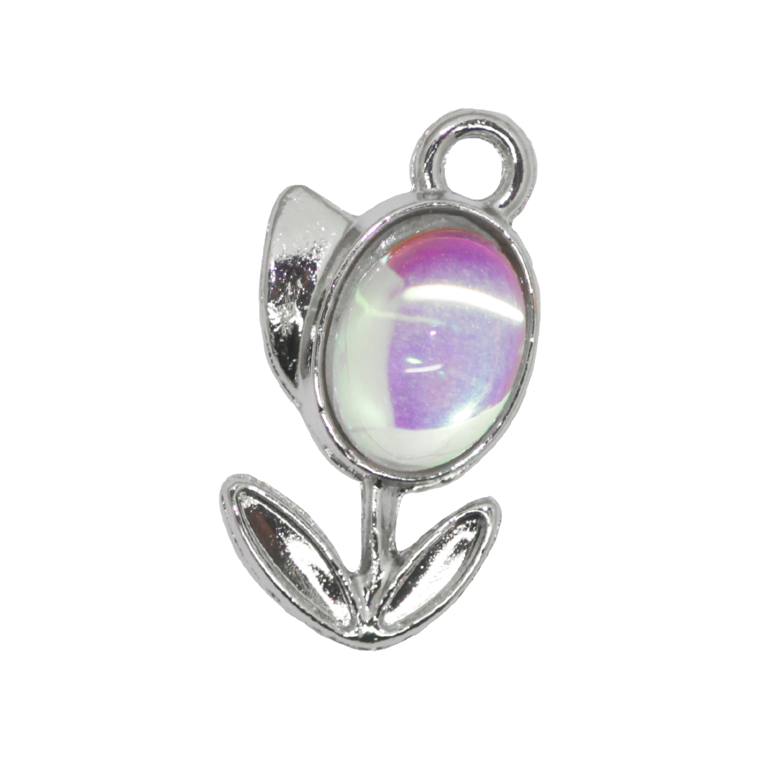 Charm, Pink Iridescent Crystal Flower, Silver, Alloy, 17.5mm x 9mm x 5mm, Sold Per pkg of 10