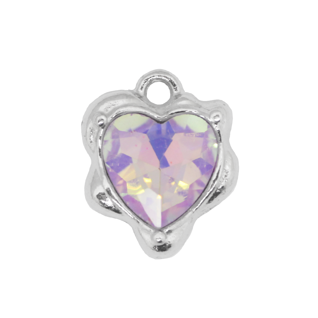 Charm, Pink Iridescent Crystal Heart, Silver, Alloy, 13mm x 11mm x 5mm, Sold Per pkg of 10