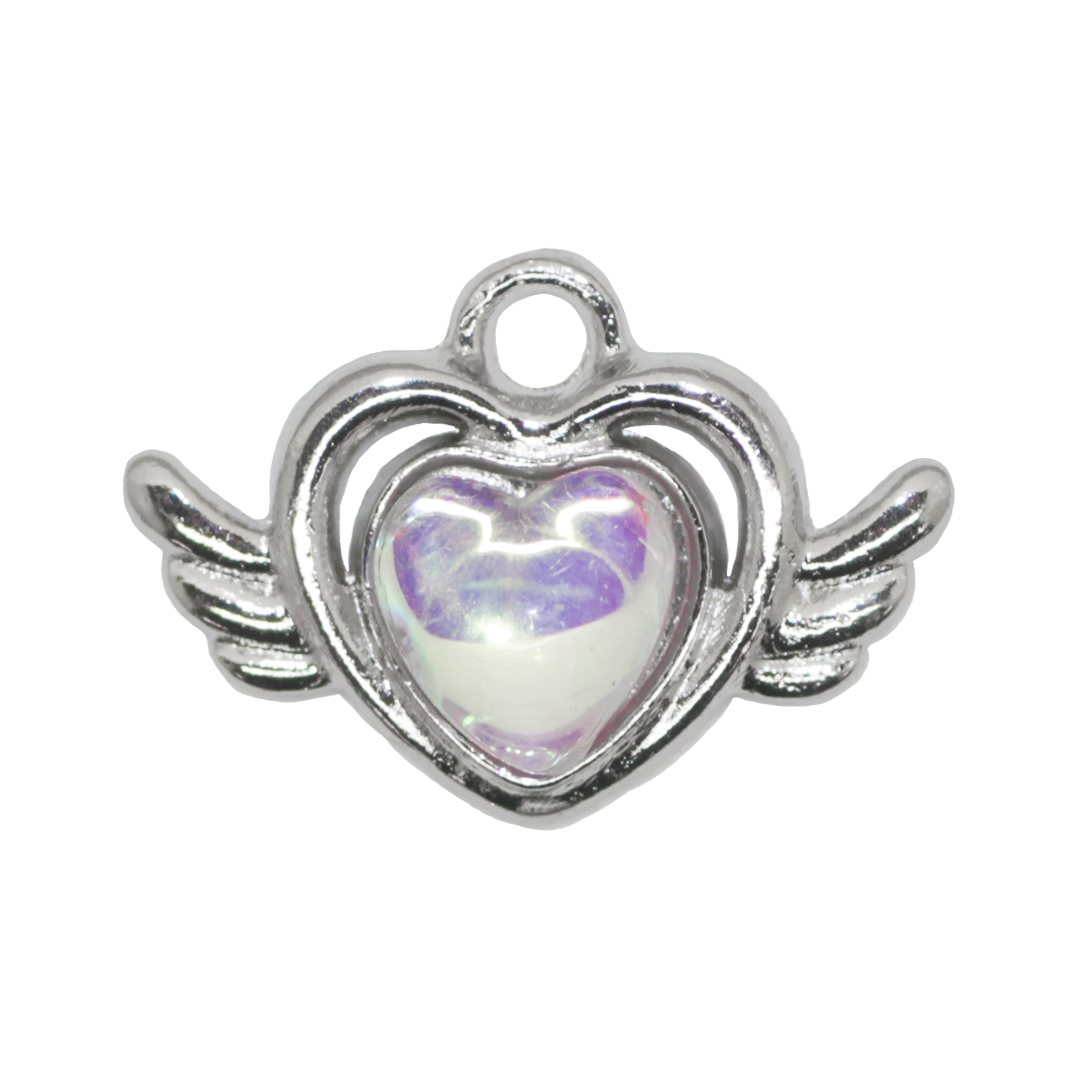 Charm, Iridescent Heart and Wings, Silver, Alloy, 11.5mm x 15.5mm x 3.5mm, Sold Per pkg of 10