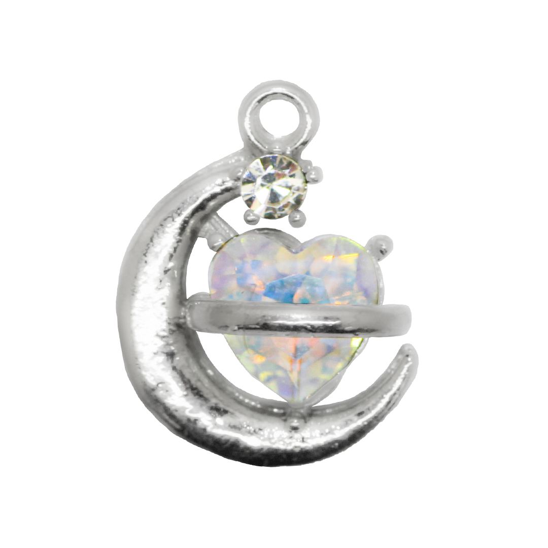 Charm, Iridescent Crystal Moon Heart, Silver, Alloy, 19mm x 14.5mm x 6mm, Sold Per pkg of 8