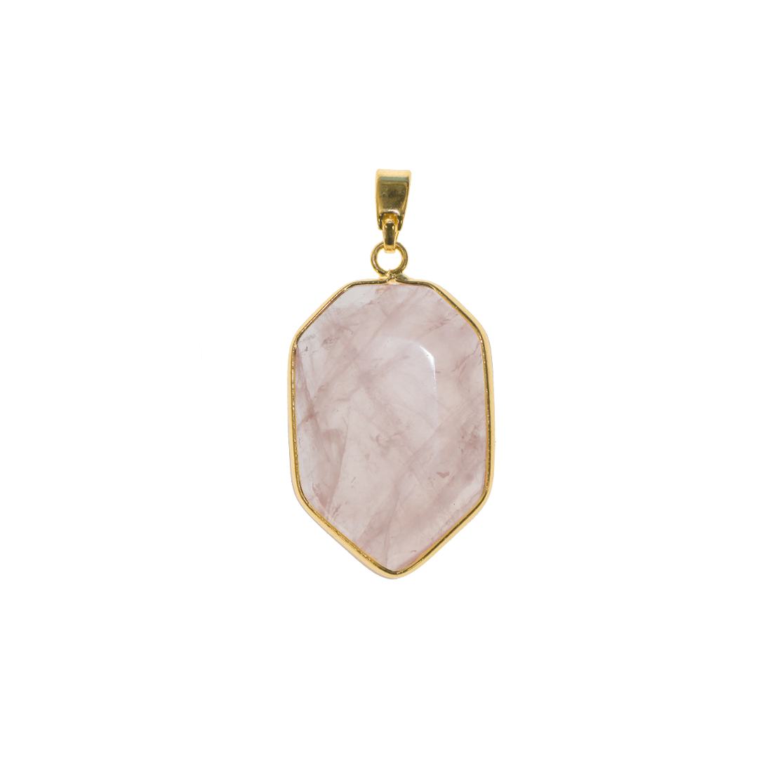 Pendant, Rose Quartz, Heptagon, Faceted, Semi-Precious Stones, Gold, Alloy, 36.5mm x 22.5mm, Sold Per pkg of 1