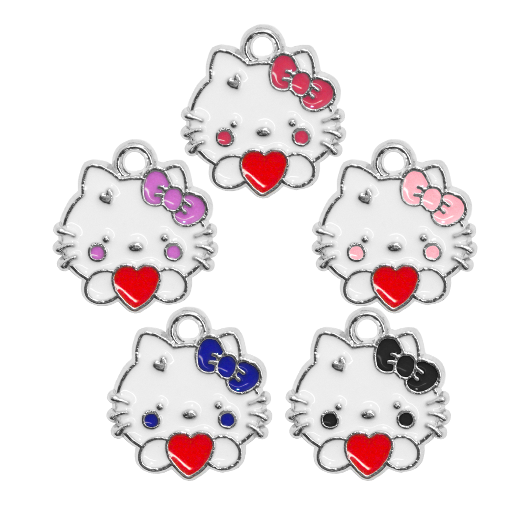 Charm, Bow Kitty, Enameled, Multicoloured, Silver, Alloy, 12.5mm x 14mm, 2mm hole, Sold Per pkg of 12