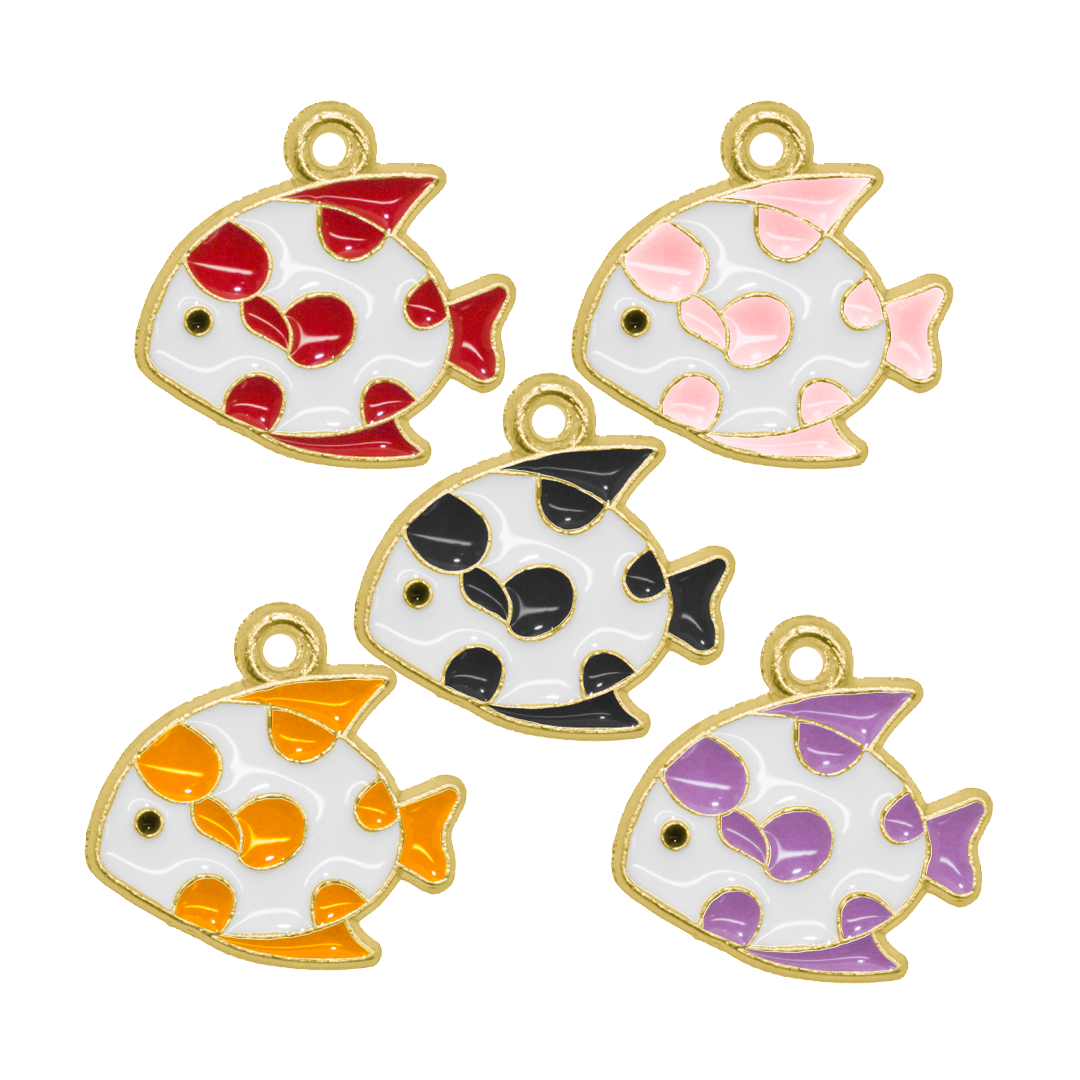 Charm, Spotted Fish, Enameled, Multicoloured, Gold, Alloy, 11.5mm x 14.5mm, 1.5mm hole, Sold Per pkg of 10