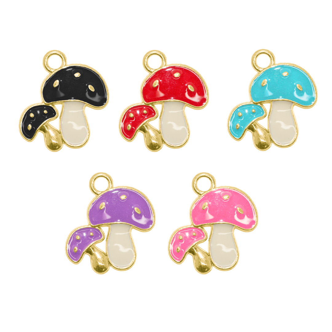 Charm, Mushrooms, Enameled, Multicoloured, Gold, Alloy, 18.5mm x 16mm, 2mm hole, Sold Per pkg of 10
