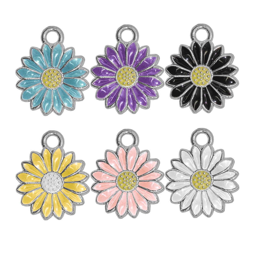Charm, Daisy, Enameled, Multicoloured, Silver, Alloy, 13.5mm, 2mm hole, Sold Per pkg of 12