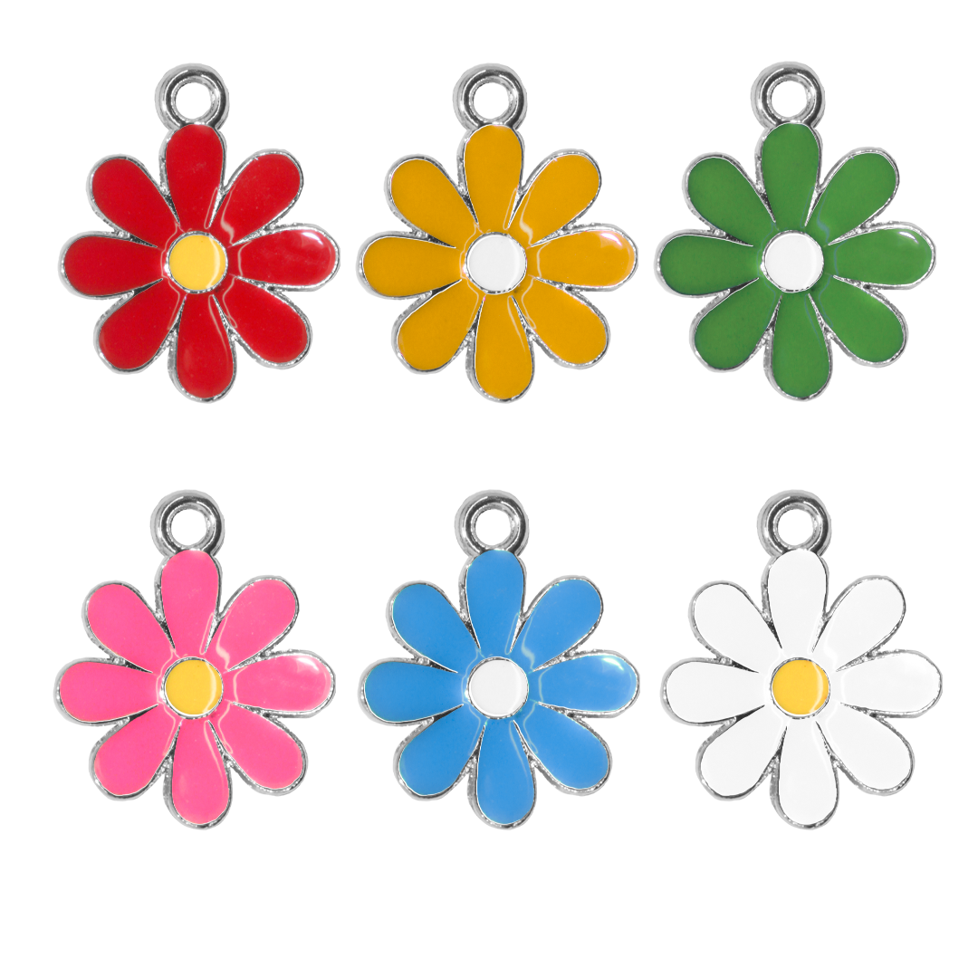 Charm, Flowers, Enameled, Multicoloured, Silver, Alloy, 14.5mm, 2mm hole, Sold Per pkg of 10