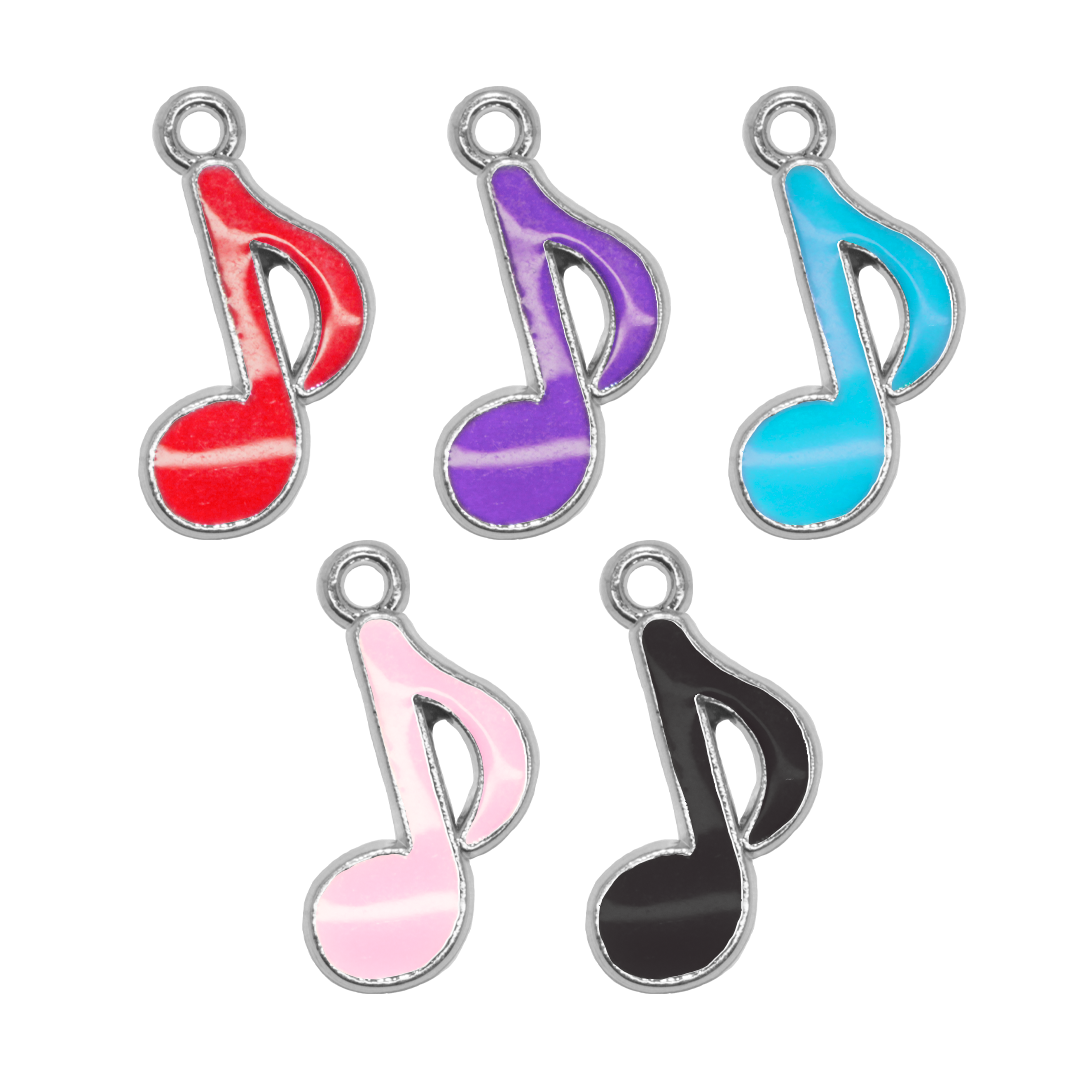Charm, Music Note, Enameled, Multicoloured, Silver, Alloy, 7mm x 12mm, 2mm hole, Sold Per pkg of 12