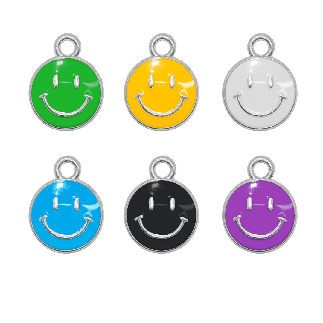 Charm, Smiley Face, Enameled, Multicoloured, Silver, Alloy, 12.5mm, 2mm hole, Sold Per pkg of 12