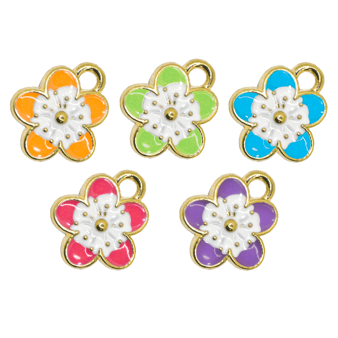 Charm, Blossom, Enameled, Multicoloured, Gold, Alloy, 10mm, 1.5mm hole, Sold Per pkg of 10