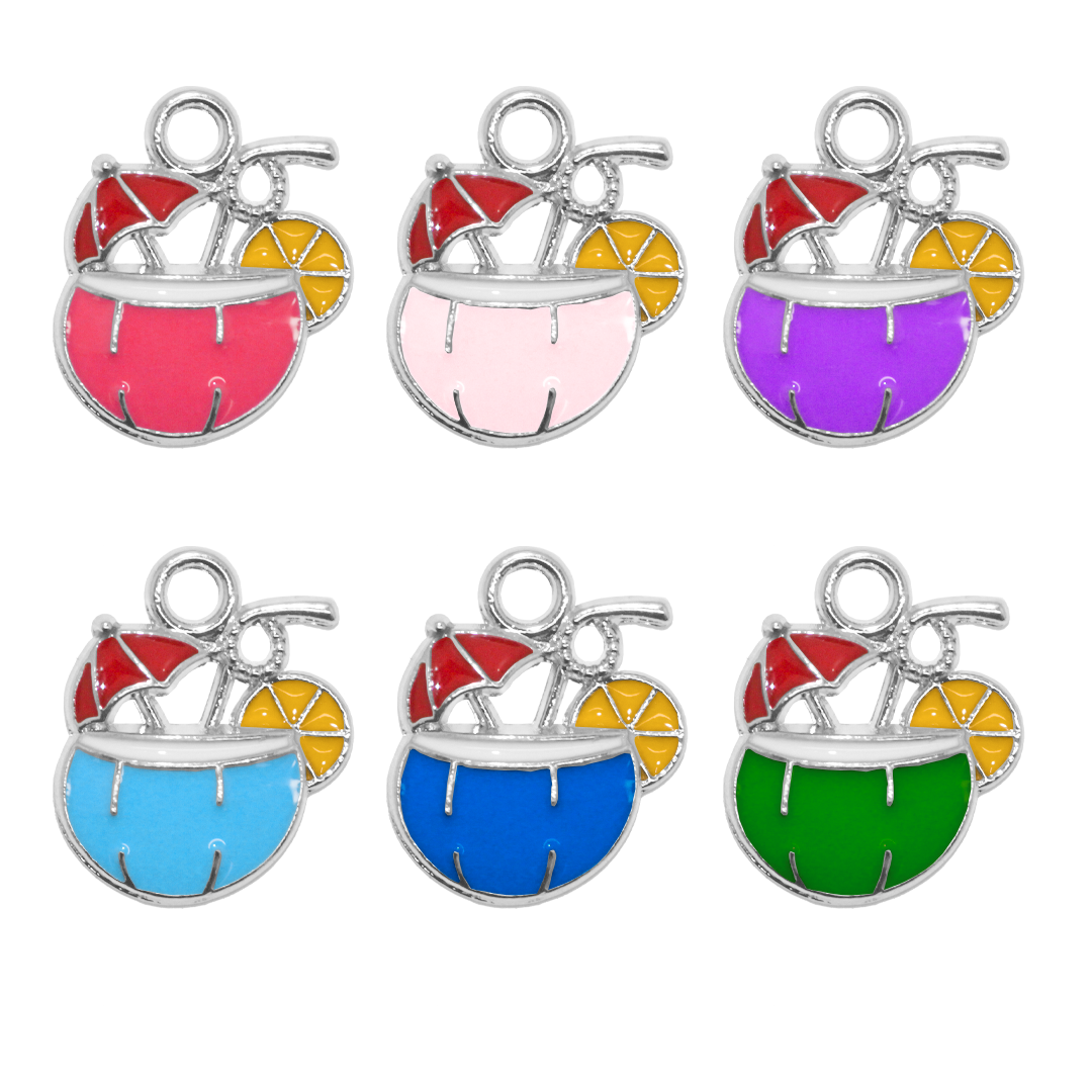 Charm, Coconut Drink, Enameled, Multicoloured, Silver, Alloy, 13.5mm x 13mm, 2mm hole, Sold Per pkg of 10
