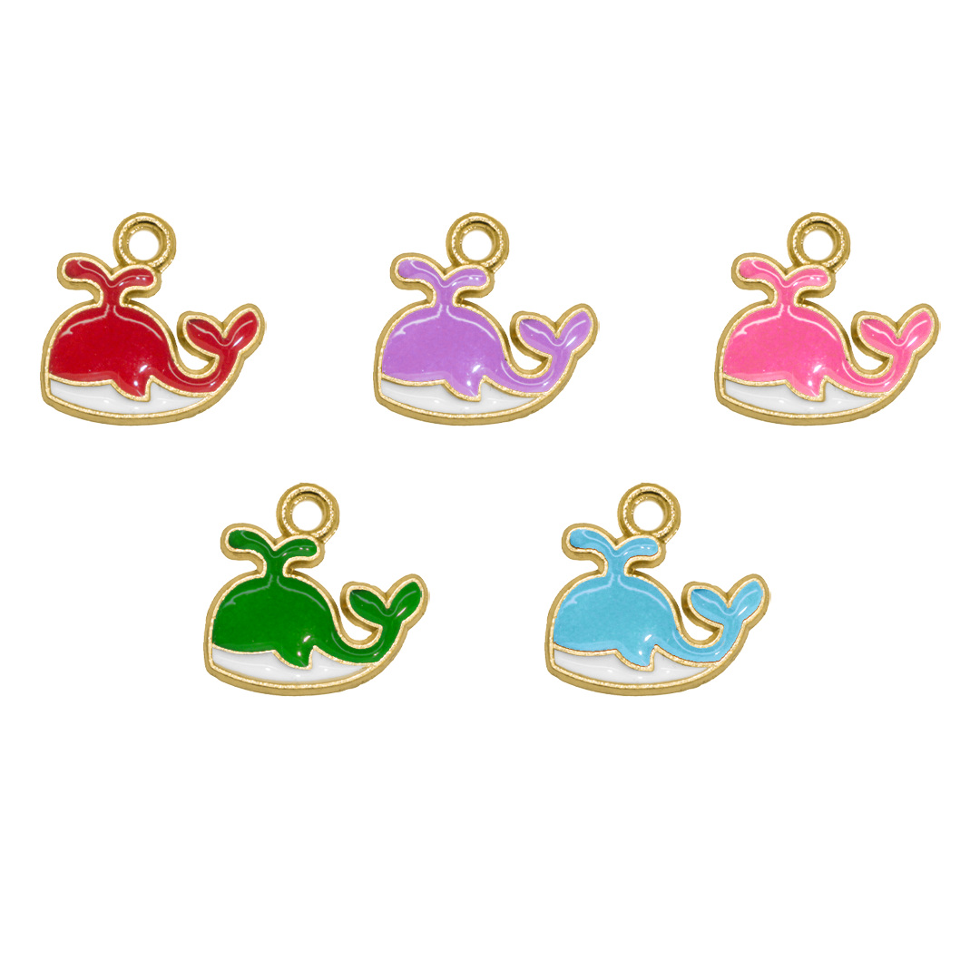 Charm, Whale, Enameled, Multicoloured, Gold, Alloy, 9.5mm x 13mm, 2mm hole, Sold Per pkg of 12