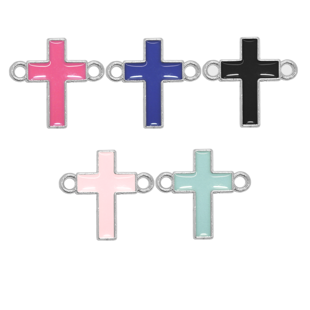 Charm, Cross, Enameled, Multicoloured, Silver, Alloy, 17.5mm x 12.5mm, 2mm holes, Sold Per pkg of 10