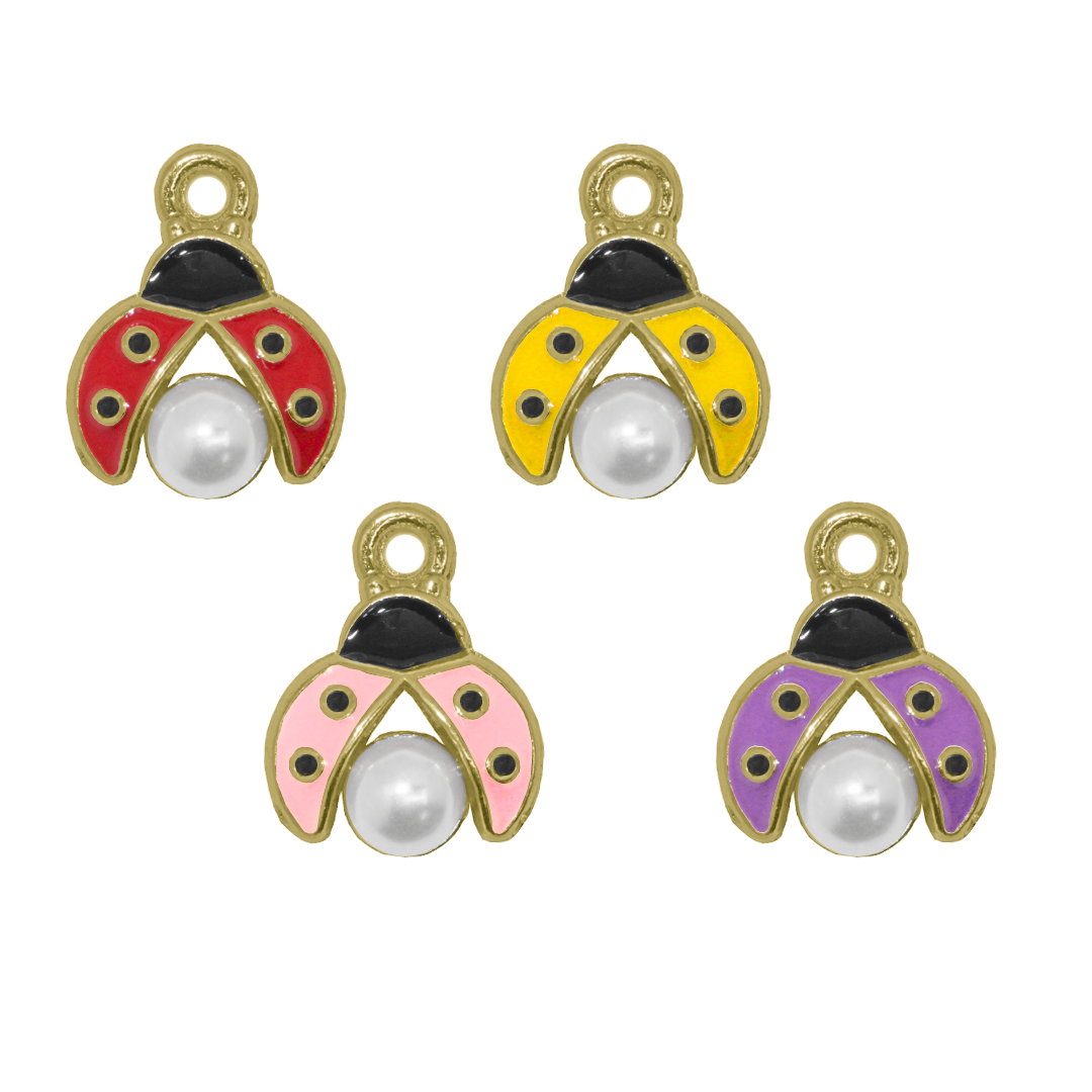 Charm, Lady Bug, Enameled with Plastic Pearl, Multicoloured, Gold, Alloy, 11.5mm x 10.5mm, 2mm hole, Sold Per pkg of 12