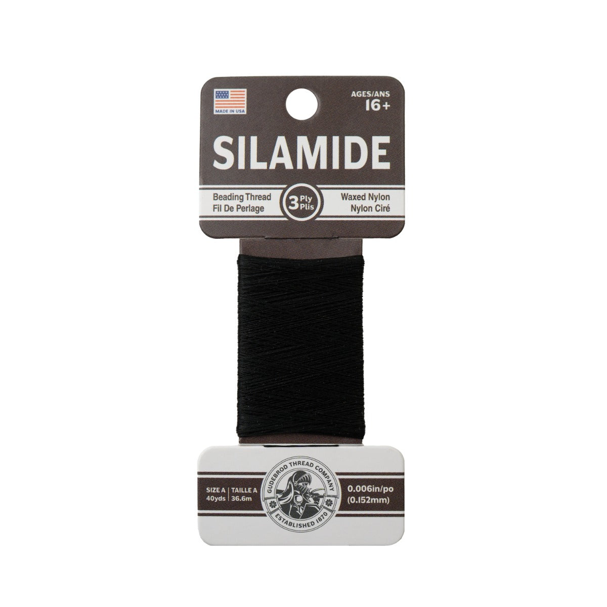 Gudebrod Silamide A (0.15mm) 40 yard Made In USA Black
