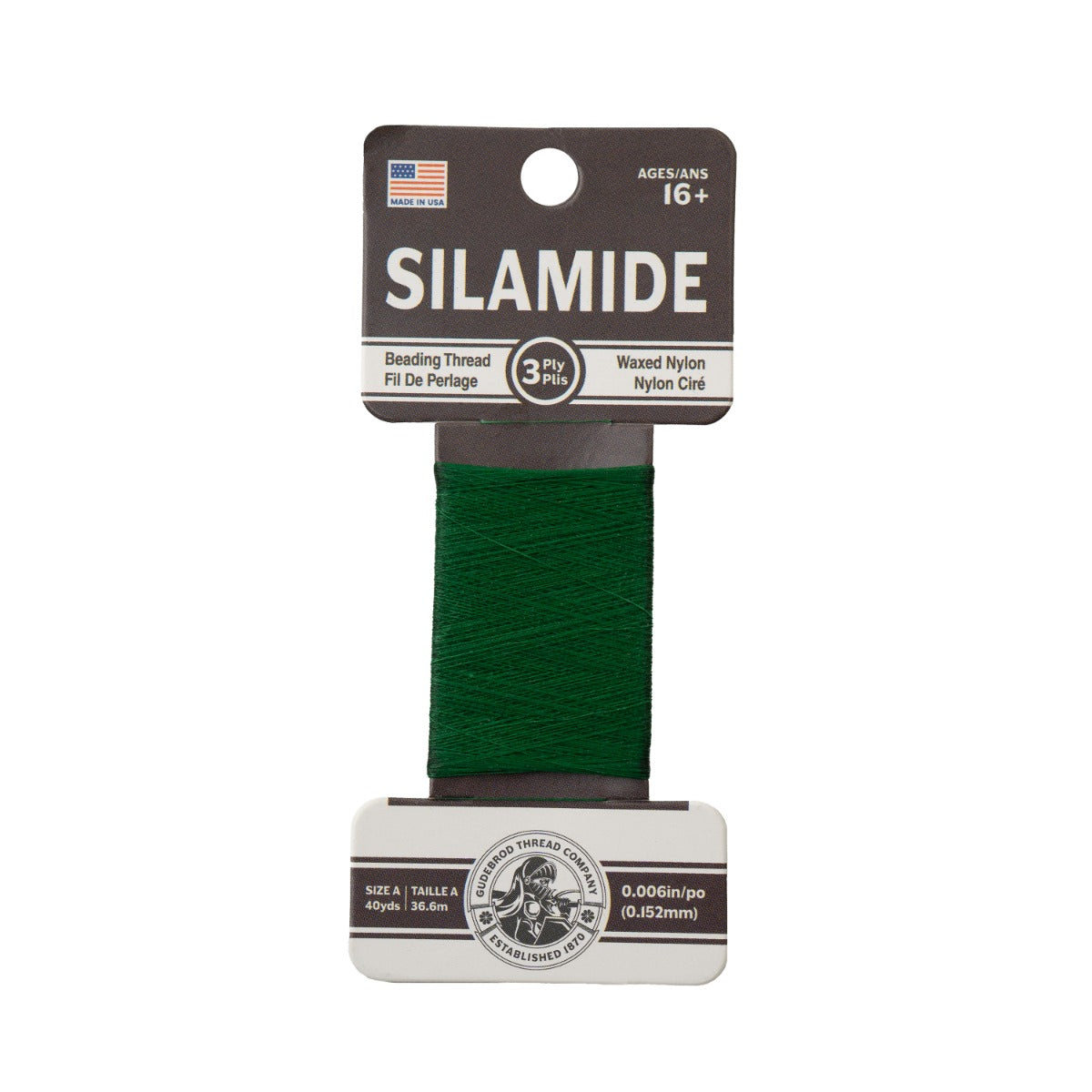 Gudebrod Silamide A (0.15mm) 40 yard Made In USA Green