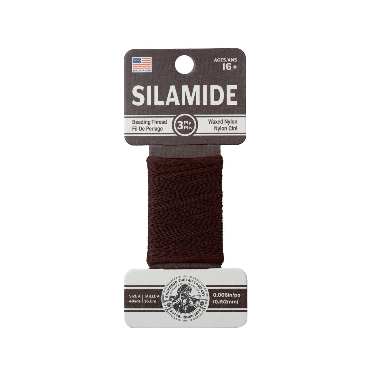 Gudebrod Silamide A (0.15mm) 40 yard Made In USA Red/Brown