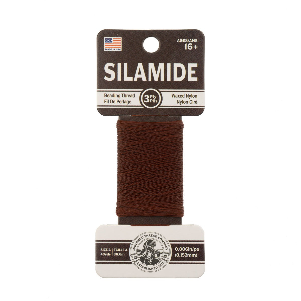 Gudebrod Silamide A (0.15mm) 40 yard Made In USA Brown