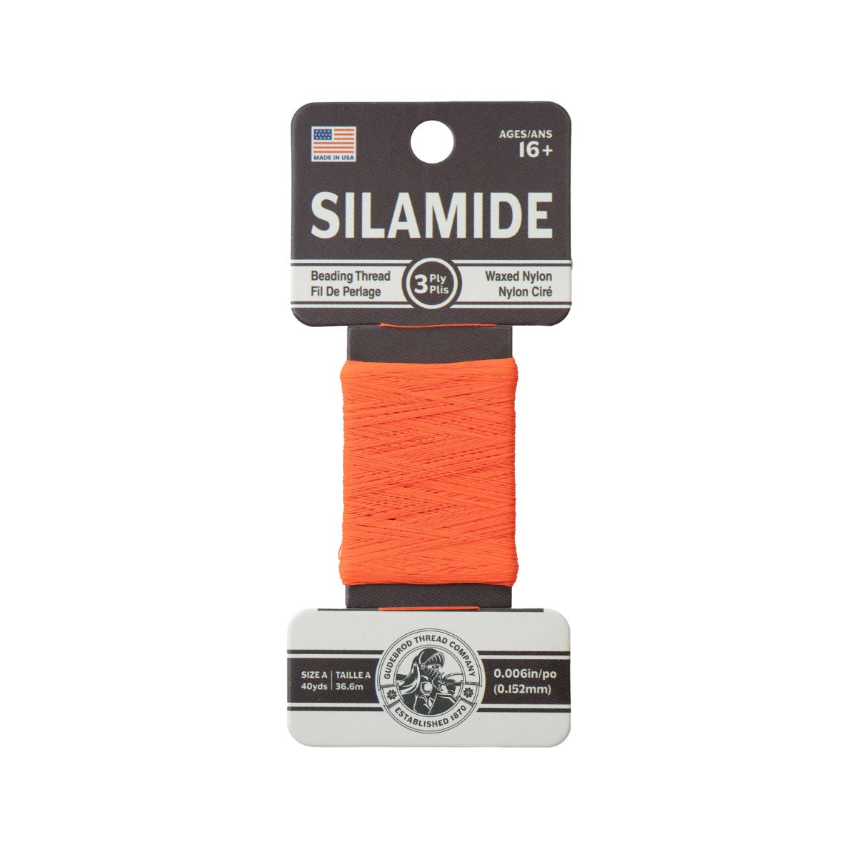 Gudebrod Silamide A (0.15mm) 40 yard Made In USA Neon Orange
