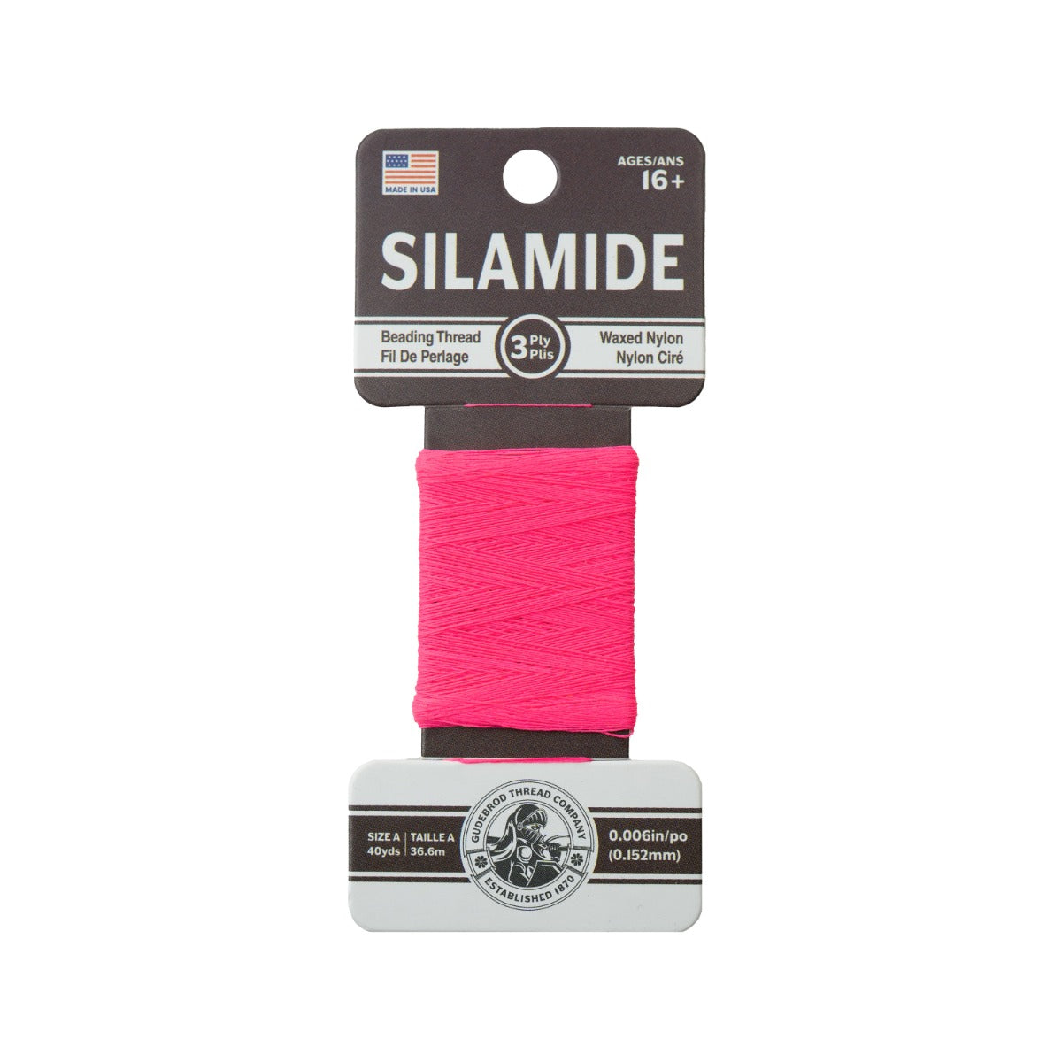 Gudebrod Silamide A (0.15mm) 40 yard Made In USA Hot Pink