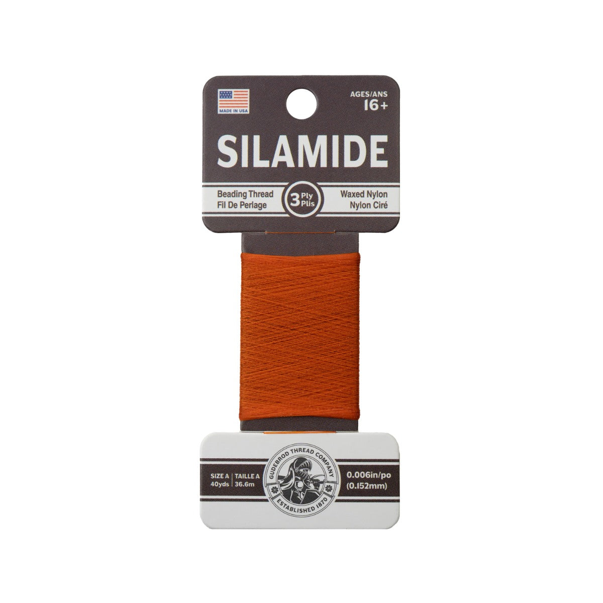 Gudebrod Silamide A (0.15mm) 40 yard Made In USA Orange