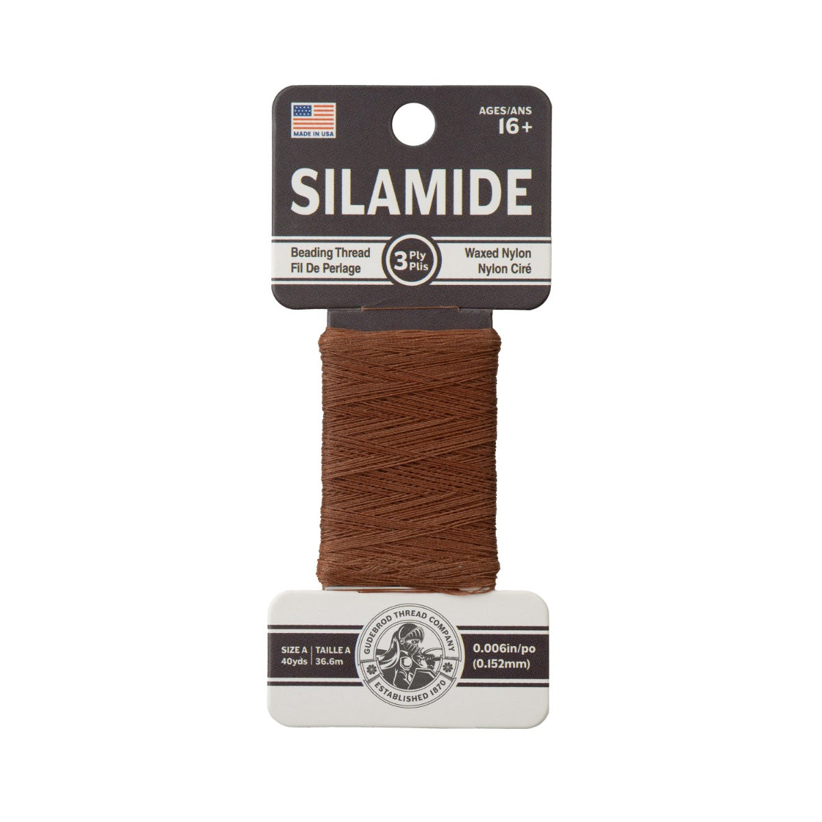 Gudebrod Silamide A (0.15mm) 40 yard Made In USA Light Brown