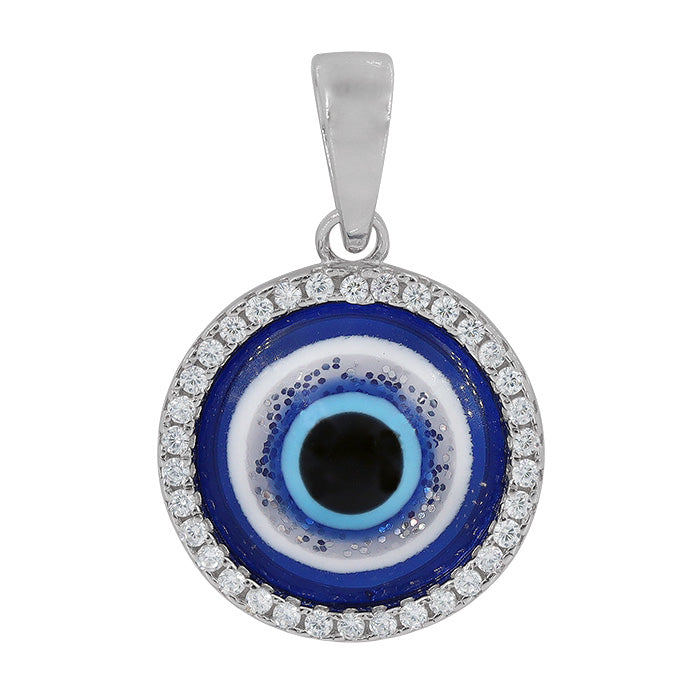 Pendant, Evil Eye, Sterling Silver with Rhodium, 15mm, Sold Per pkg of 1