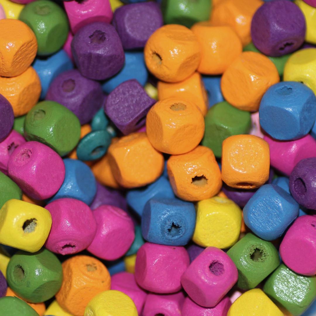 Wood Beads, Cube, 7mm, Assorted Colours, Sold per pkg of Approx 170