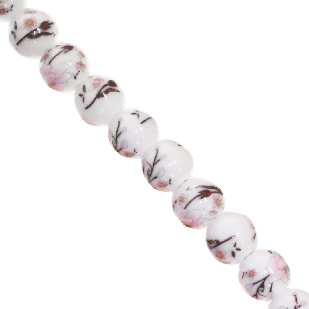 Porcelain Beads, Round, Floral, 10mm, White, Approx 22 pcs per strand, Available in Multiple Colours