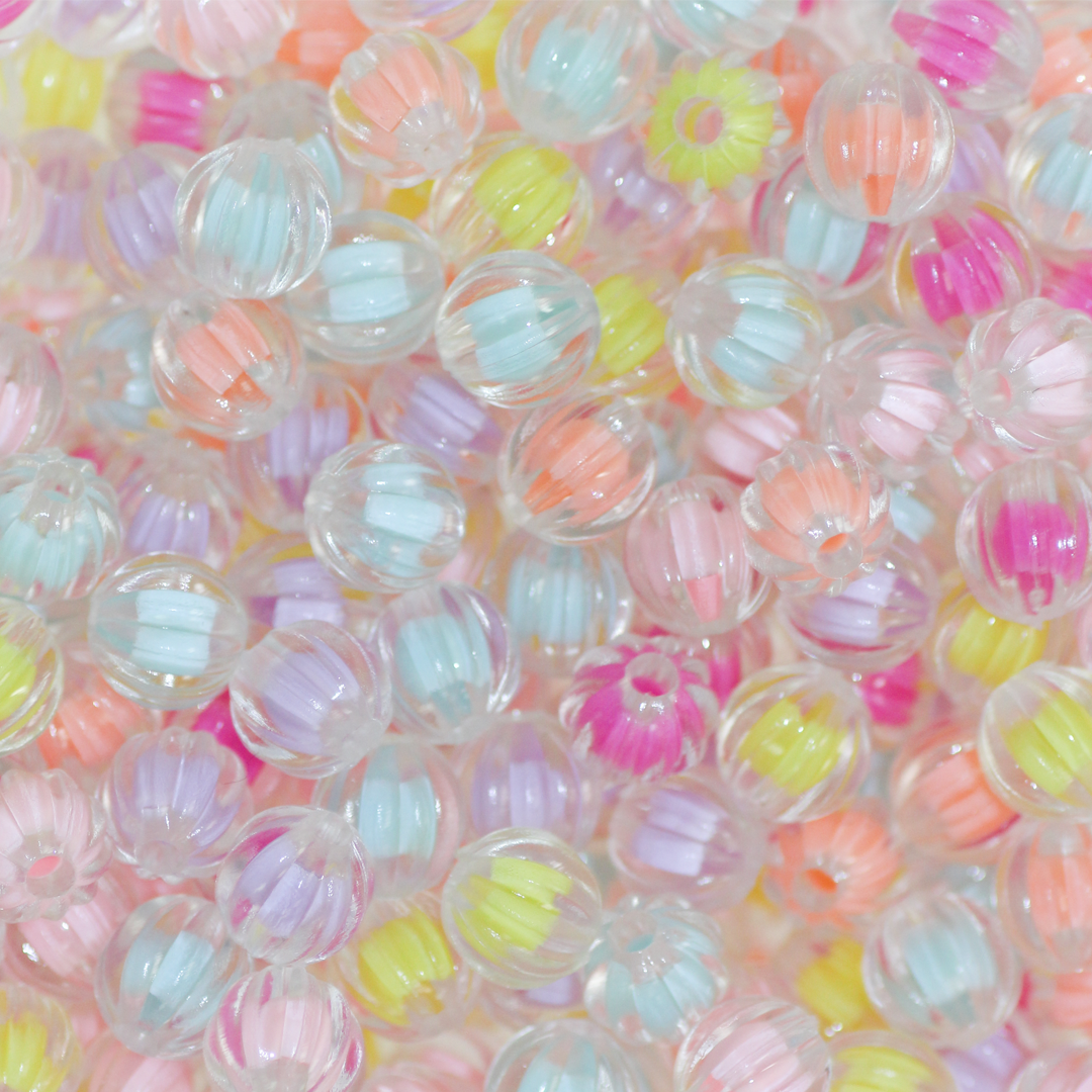 Plastic Beads Bulk Bag, Corrugated, Round, 10mm, Transparent, Mixed Colours, Sold Per pkg of Approx 300+
