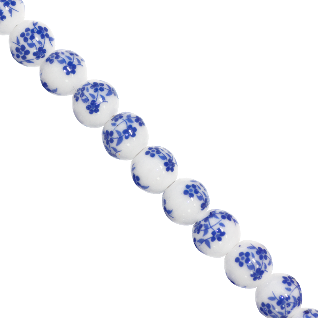 Porcelain Beads, Round, Floral, 10mm, White, Approx 22 pcs per strand, Available in Multiple Colours