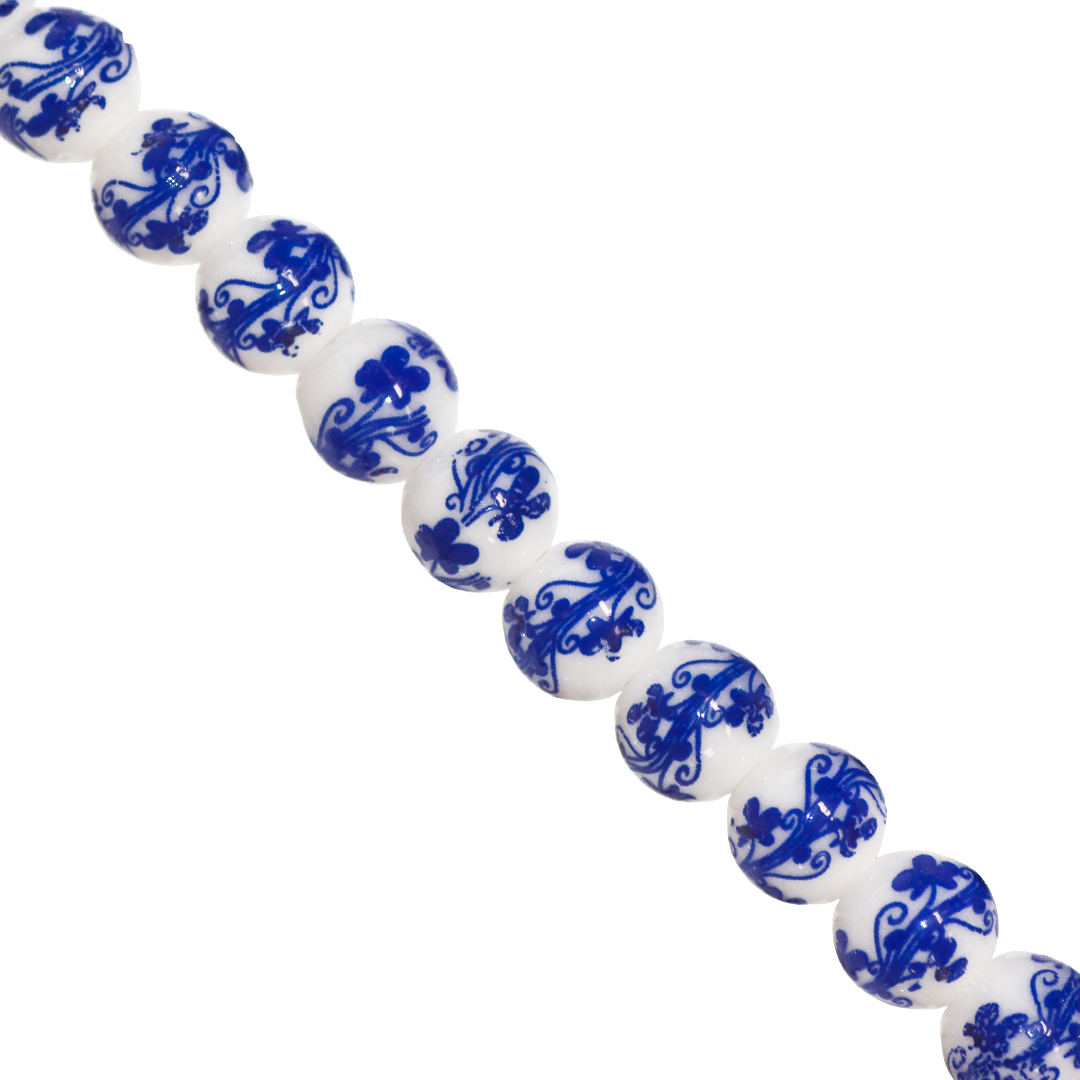 Porcelain Beads, Round, Floral, 10mm, White, Approx 22 pcs per strand, Available in Multiple Colours