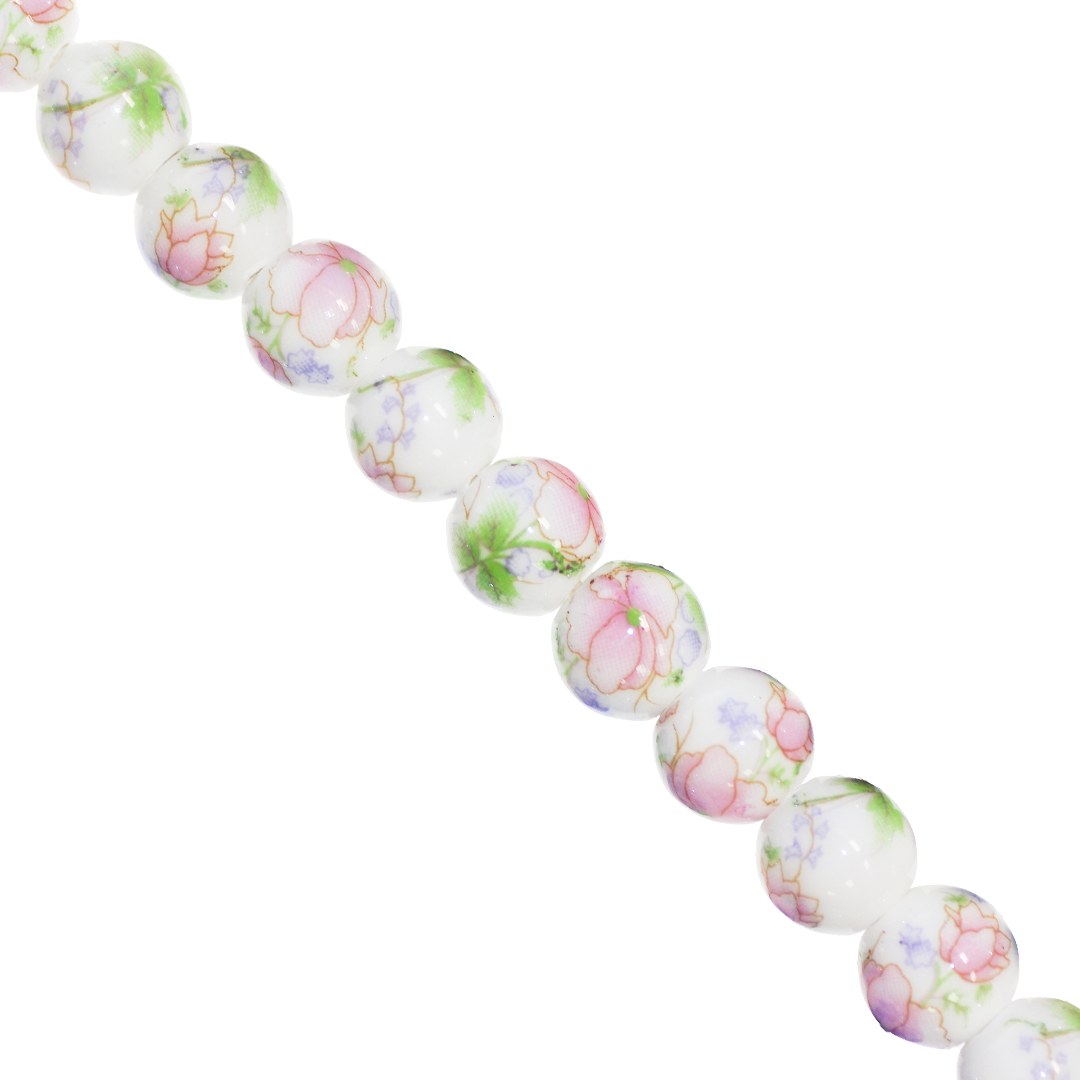 Porcelain Beads, Round, Floral, 10mm, White, Approx 22 pcs per strand, Available in Multiple Colours