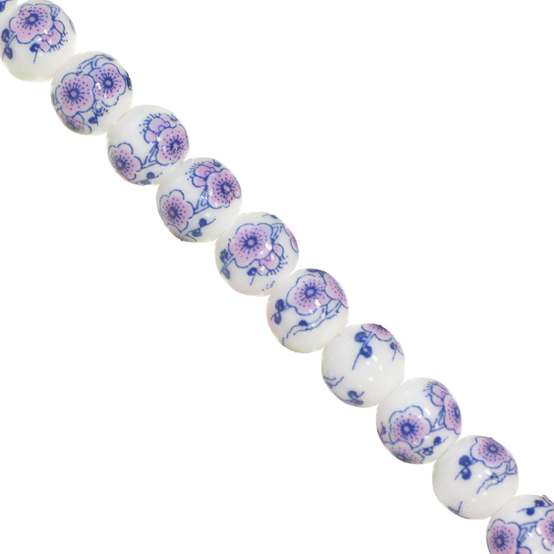 Porcelain Beads, Round, Floral, 10mm, White, Approx 22 pcs per strand, Available in Multiple Colours