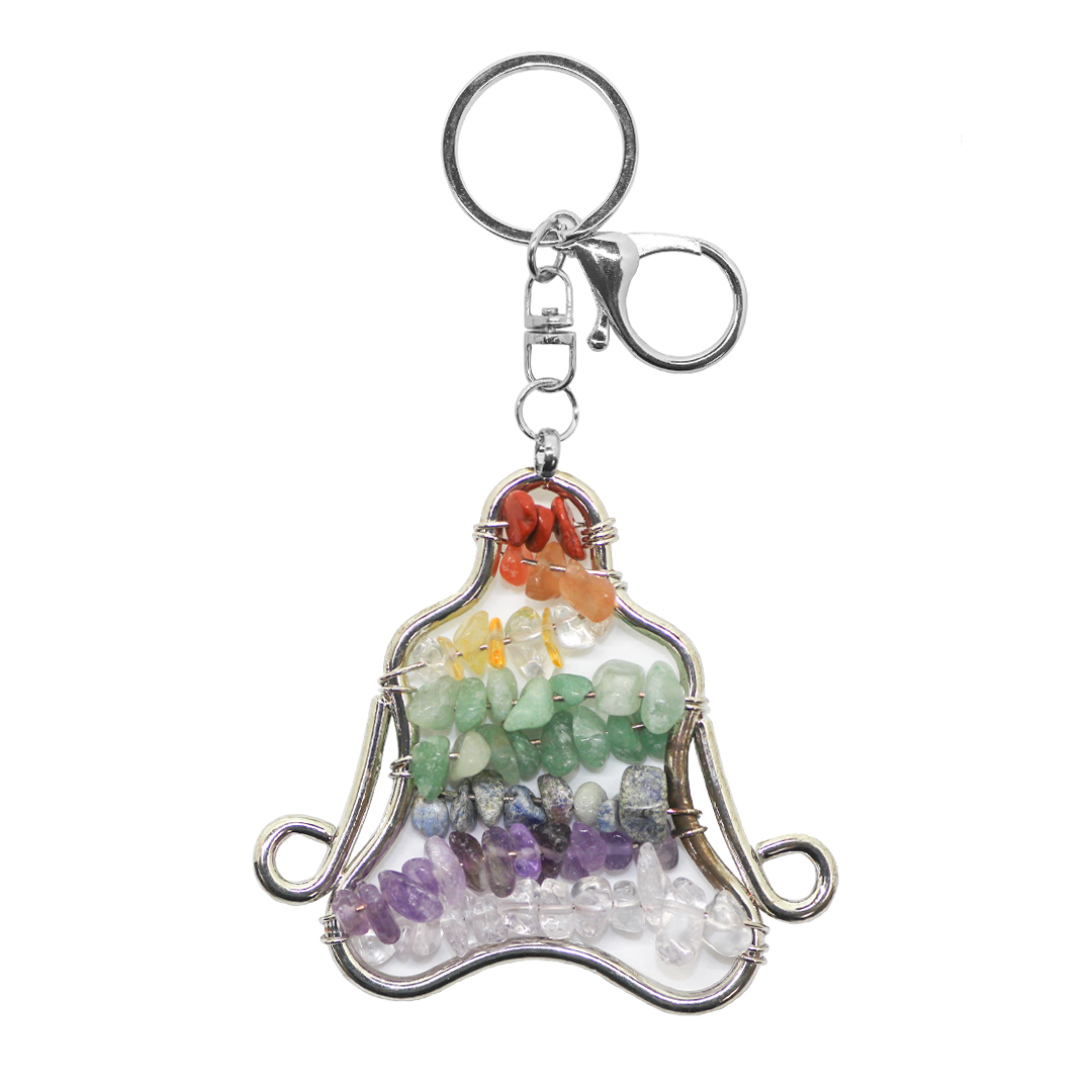 Keychain, 7 Chakra Buddha, Silver, Alloy, 10.5cm x 5cm, Sold Per pkg of 1