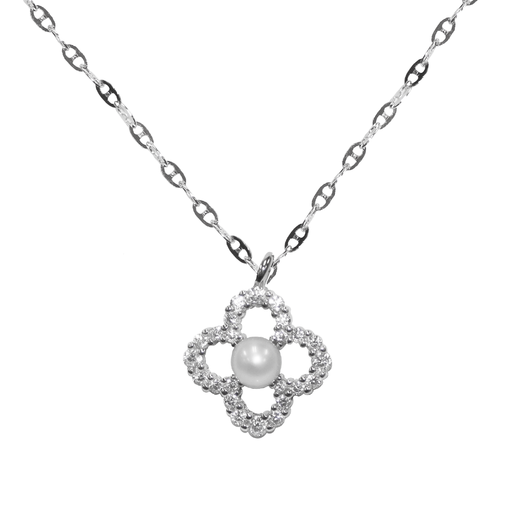 Necklace, Cubic Zirconia Pearl Flower, 925 Sterling Silver, 15.5" + 1.5" Extension - 1pc